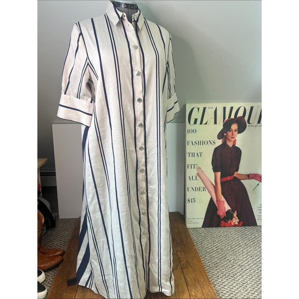 Striped Button-Front Shirt Maxi Dress Vilagallio Linen in tan navy 3/4 sleeve - Picture 5 of 7